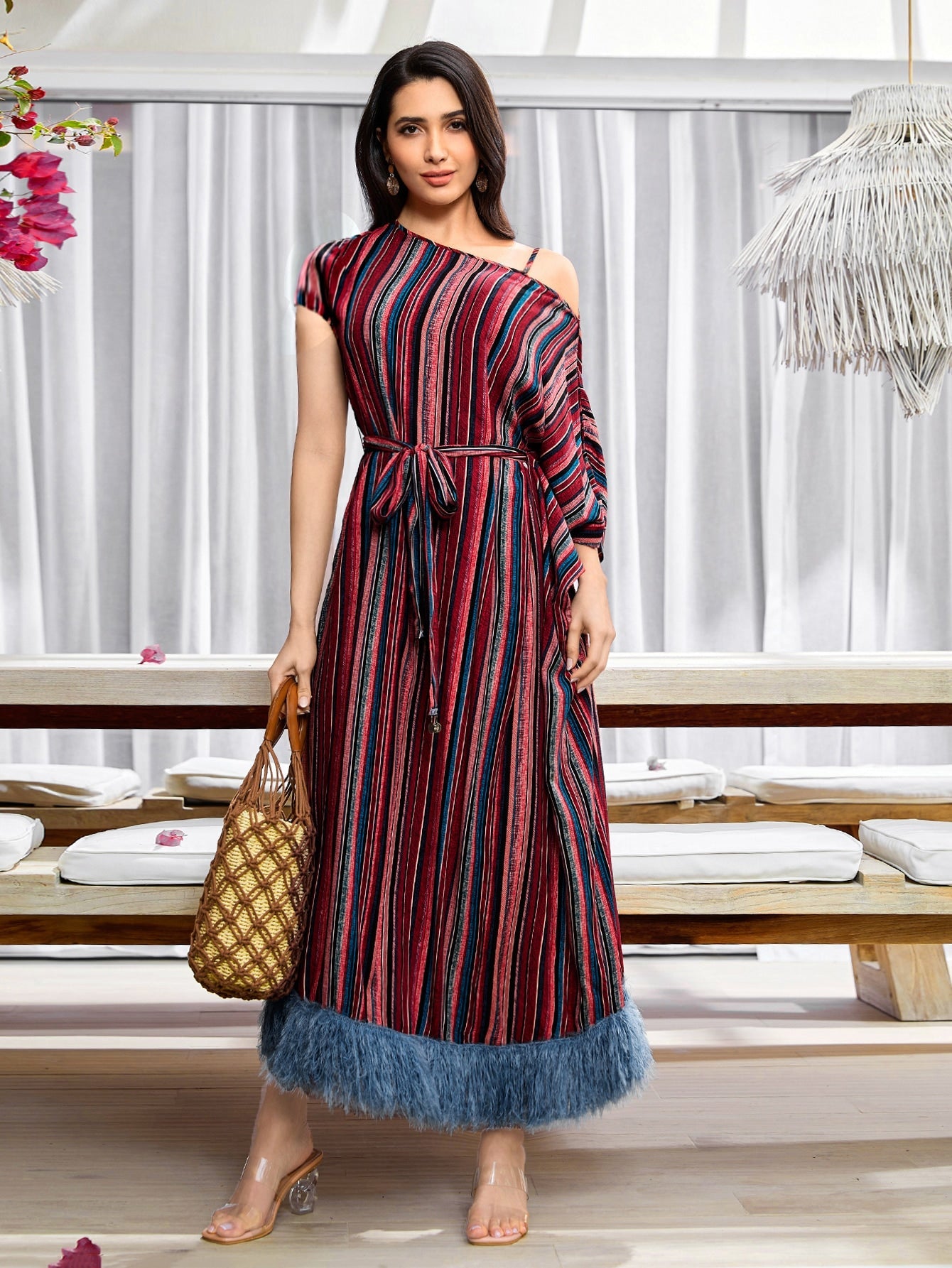 SHEIN Modely Striped Print Asymmetrical Neck Fringe Hem Belted Dress