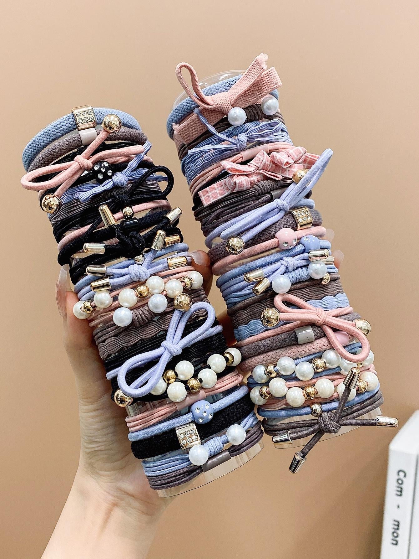 50Pcs Girls Bow & Faux Pearl Decor Fashionable Hair Tie for Daily Life