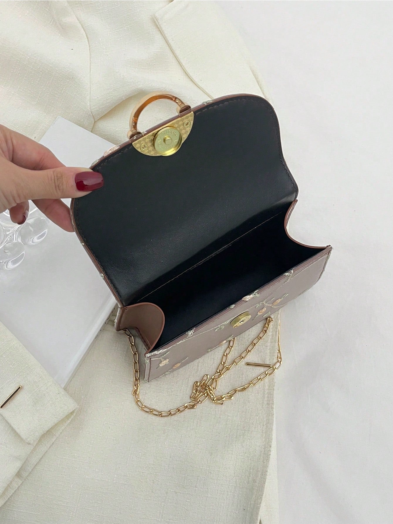 Mini Square Bag Flower Embroidery Faux Pearl Decor Fashionable