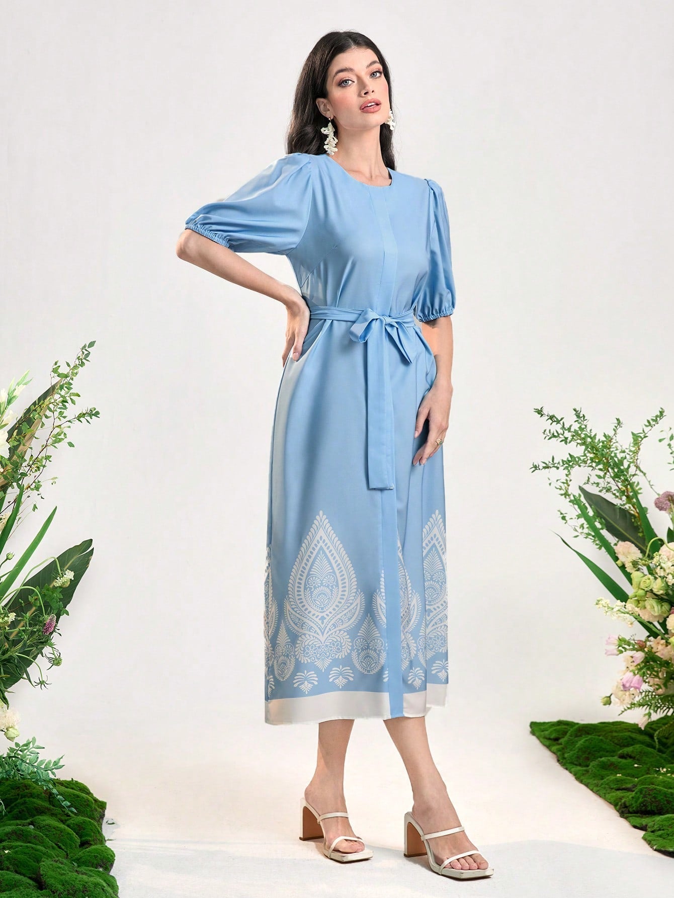 SHEIN Najma Graphic Print Puff Sleeve Belted Dress