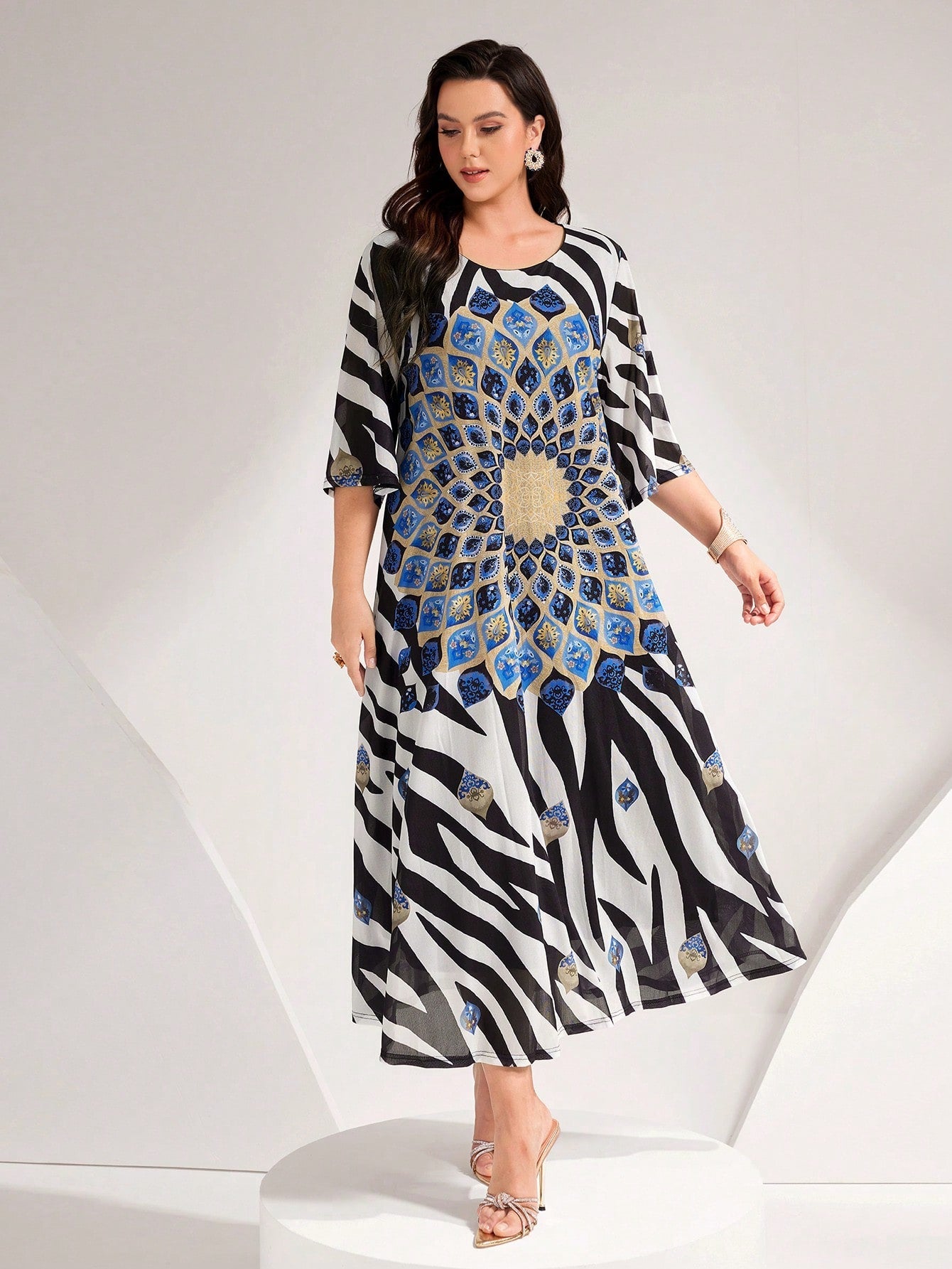 SHEIN Najma plus Zebra Striped & Floral Print Dress