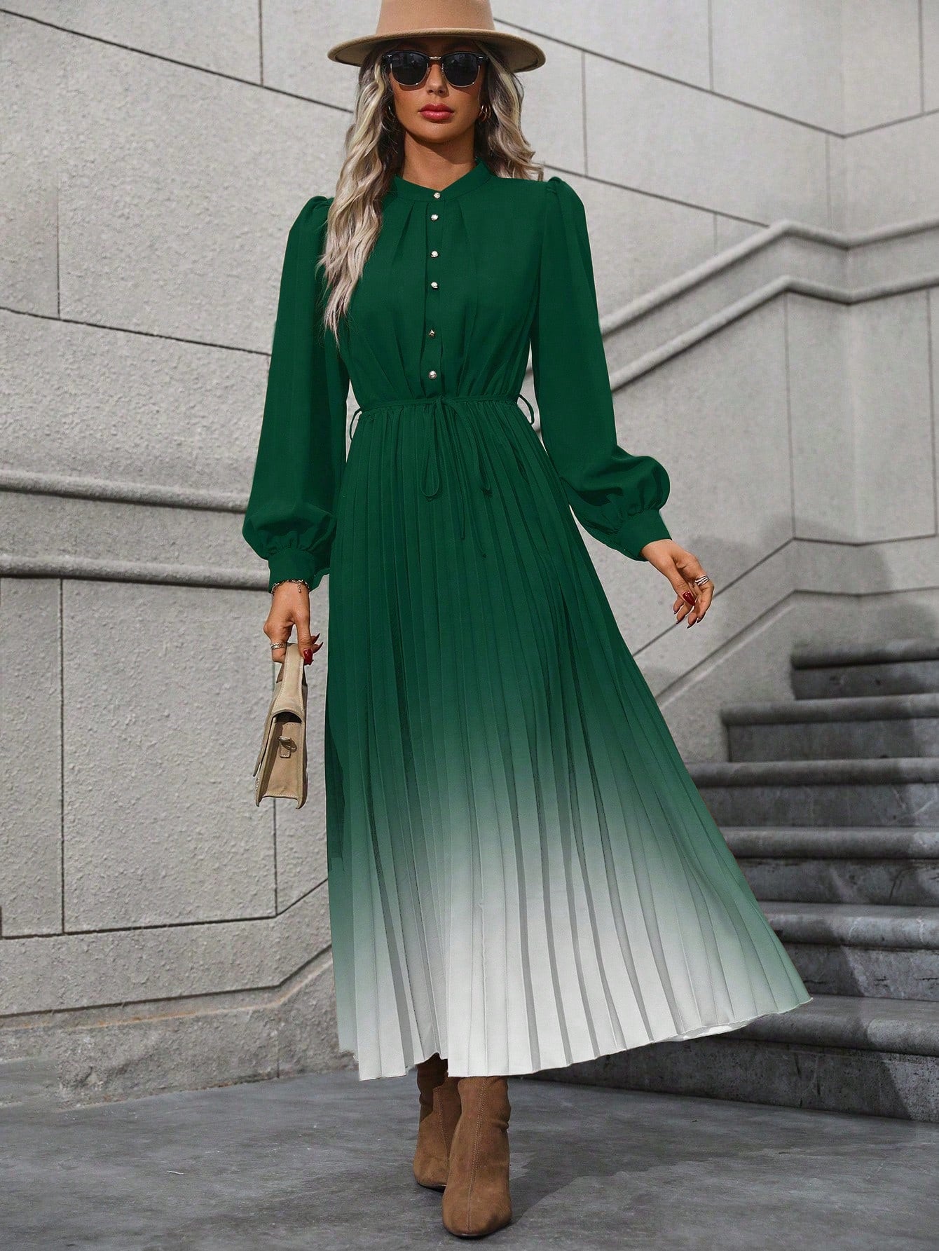 Ombre Lantern Sleeve Dress without Belt