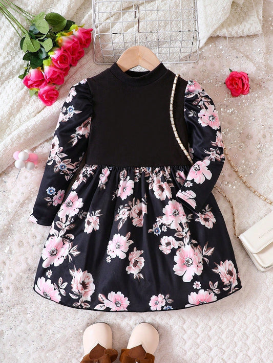 Young Girl Floral Print Mock Neck Puff Sleeve Dress