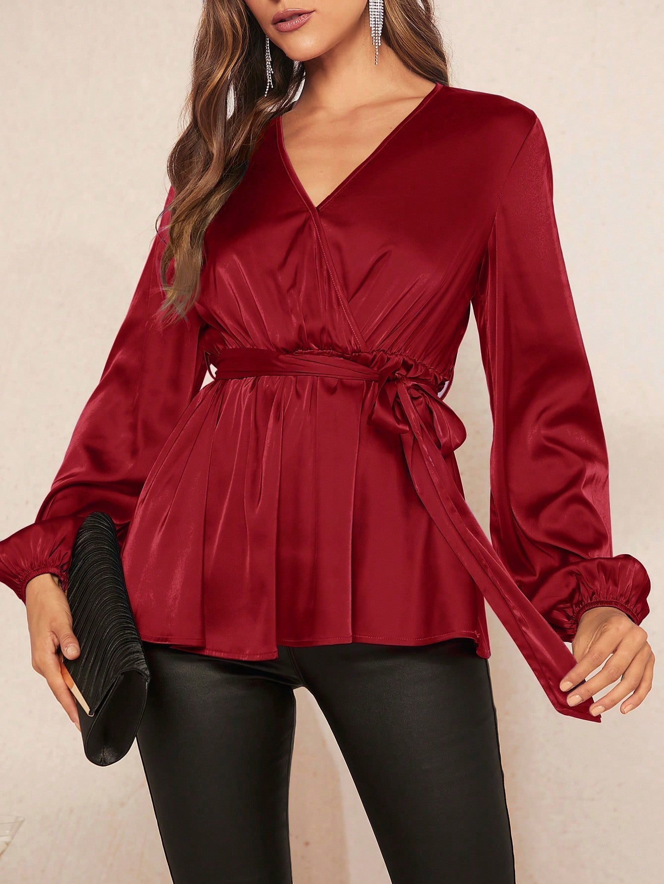 SHEIN Clasi Lantern Sleeve Belted Satin Peplum Top