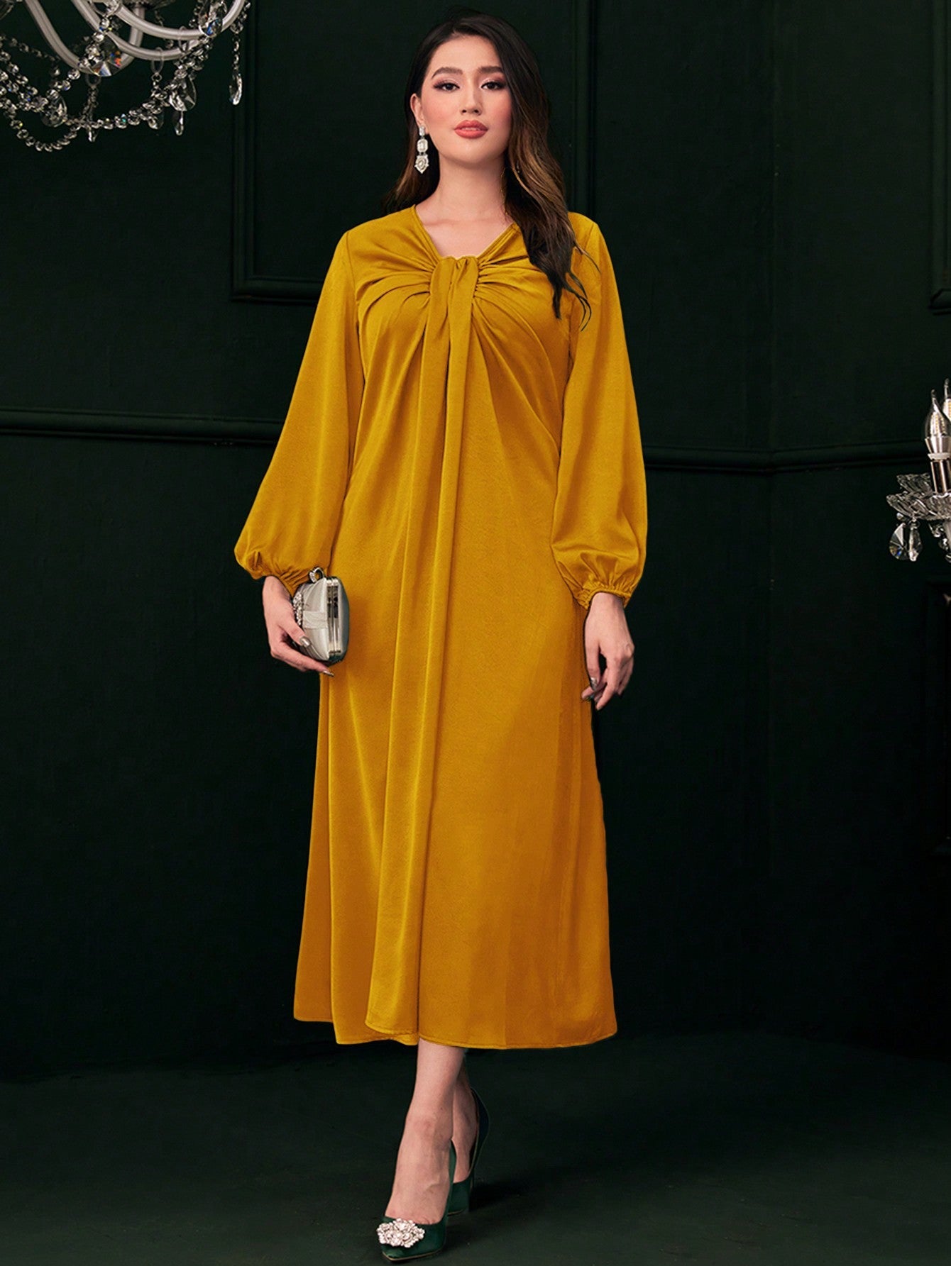 SHEIN Modely Ruched Front Lantern Sleeve Dress