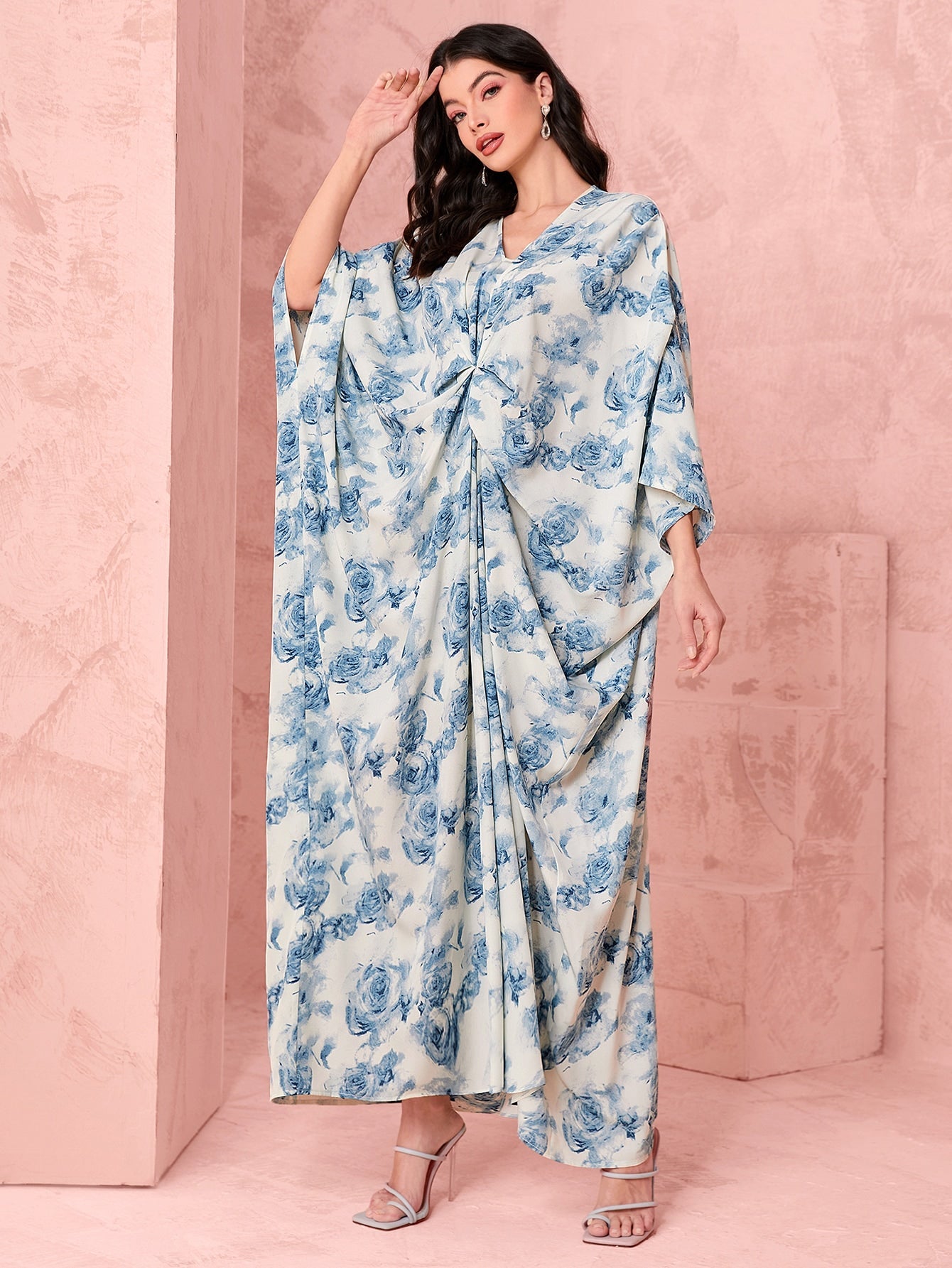 SHEIN Najma Allover Floral Print Batwing Sleeve Ruched Front Kaftan