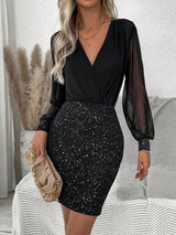 Lantern Sleeve Mesh Splice Bodycon Dress