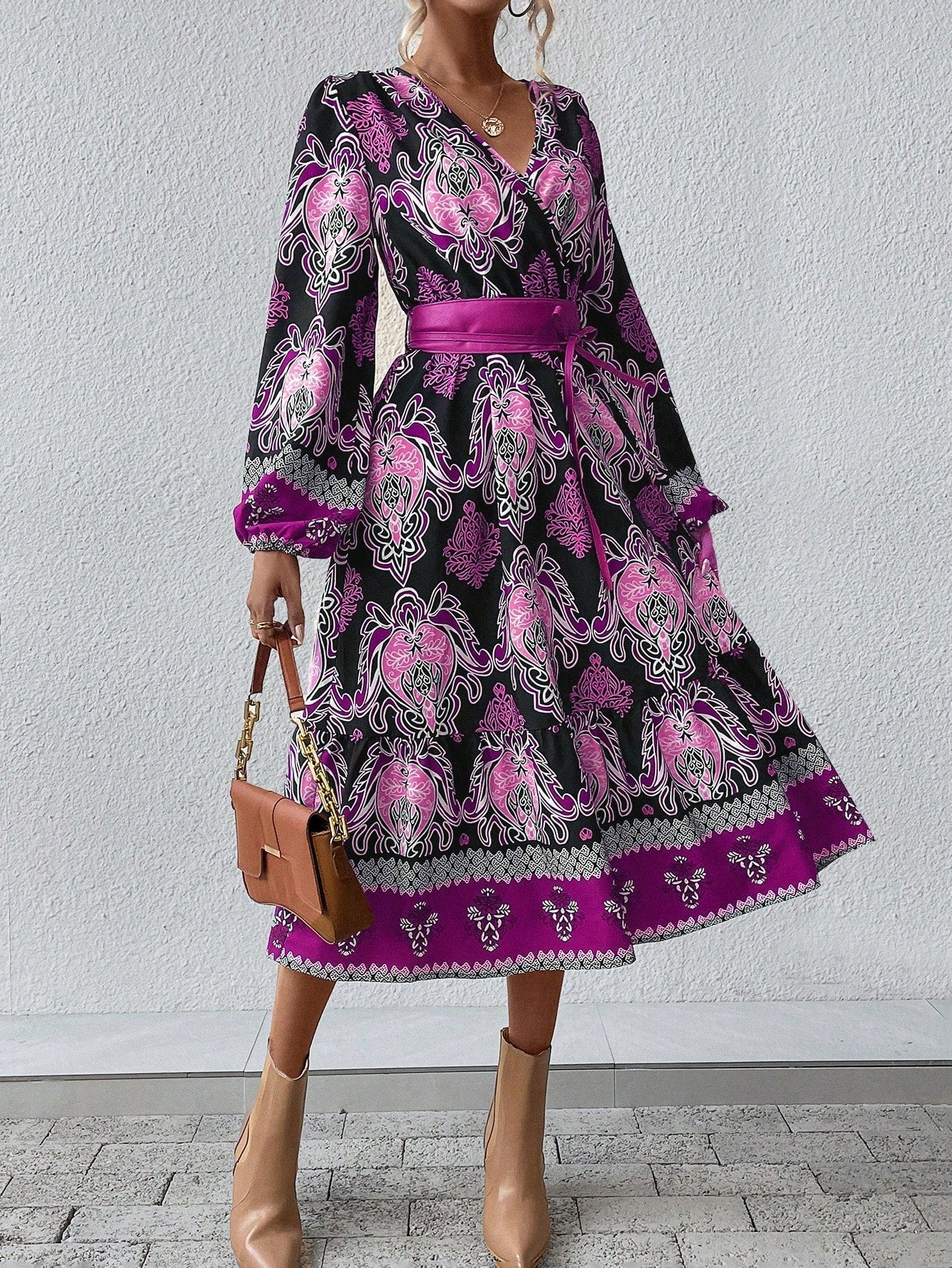 Women'S Floral Printed Lantern Sleeve Belted Dress