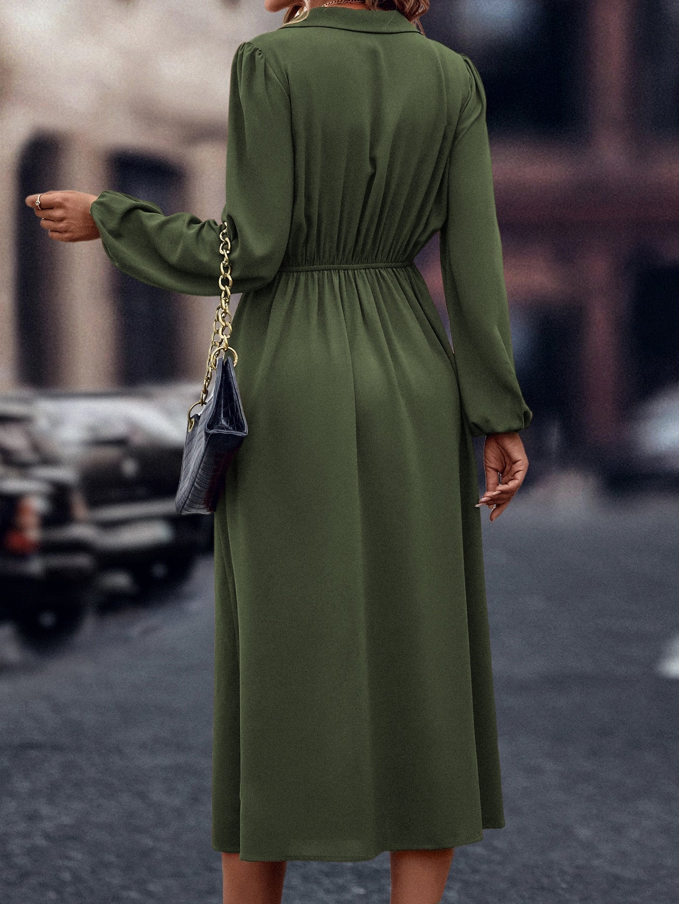 SHEIN LUNE Solid Ruched Bishop Sleeve Dress