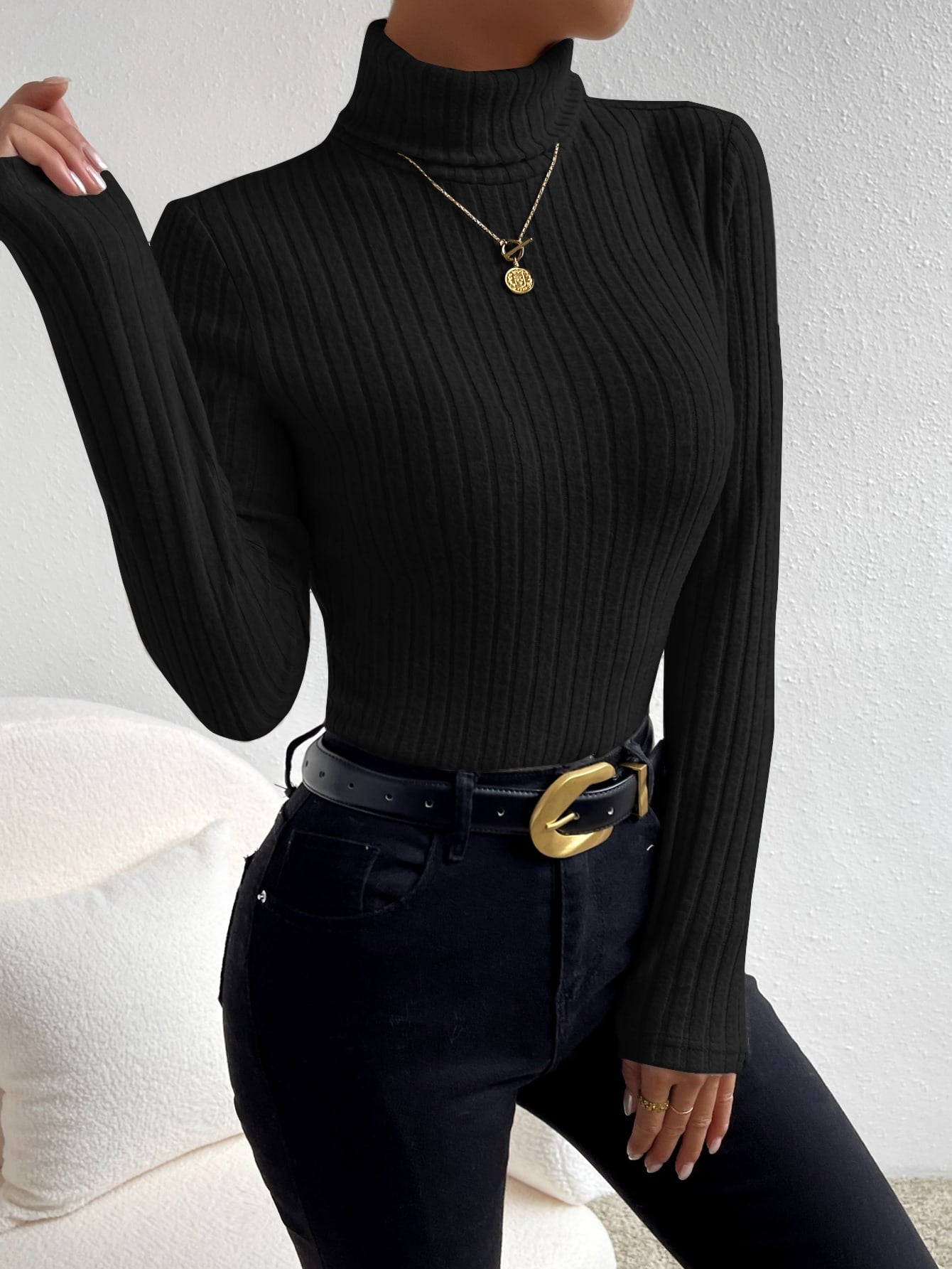 SHEIN Essnce Turtle Neck Ribbed Knit Tee