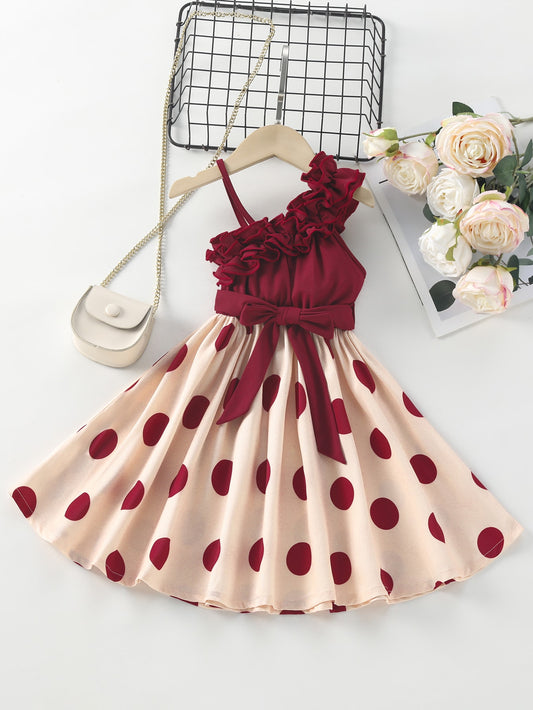SHEIN Kids Nujoom Toddler Girls Polka Dot Asymmetrical Neck Ruffle Trim Belted Dress