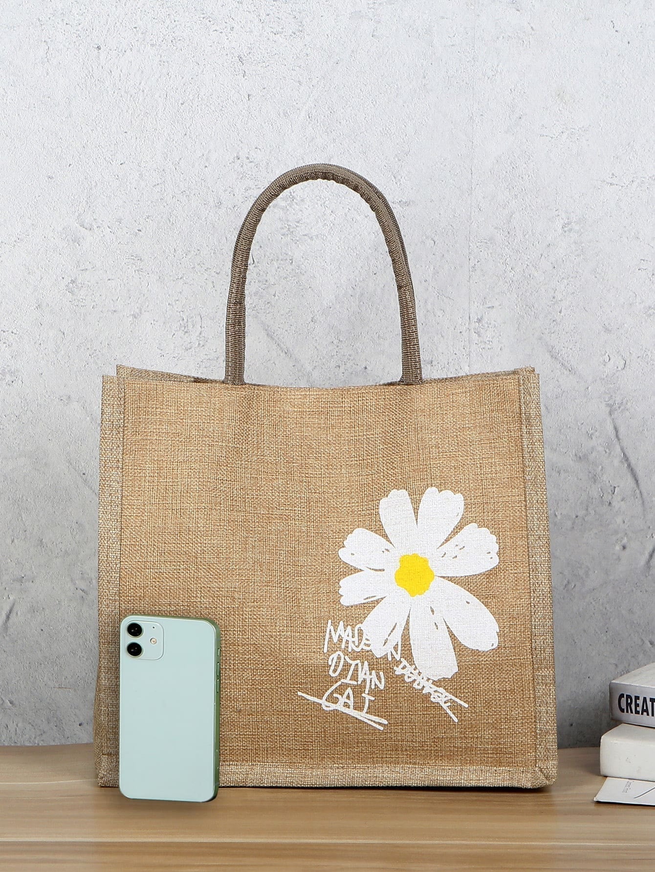 Floral & Letter Graphic Shoulder Tote Bag
