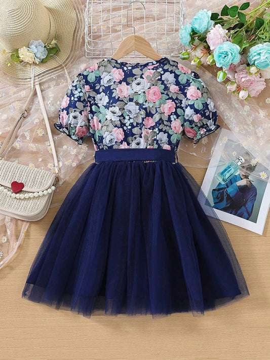 Tween Girls' Floral Print Colorblock Tulle Hem A-Line Dress