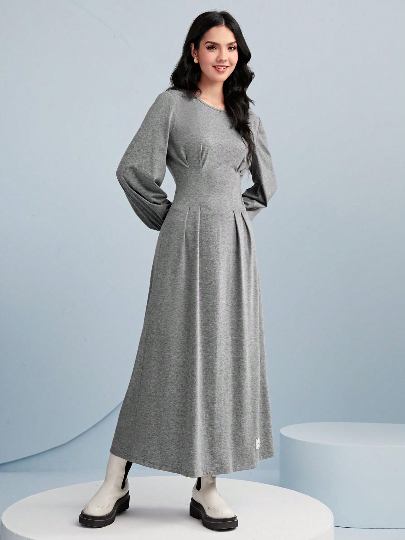SHEIN Mulvari Letter Patched Detail Lantern Sleeve Fold Pleated Hem Dress
