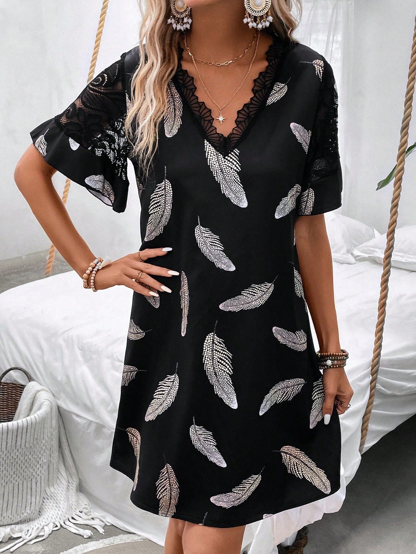 Feather Print Lace Trim Dress