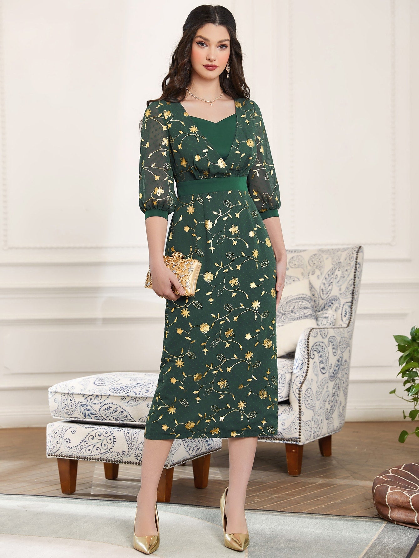 SHEIN Najma Floral Print Lantern Sleeve Split Back Dress