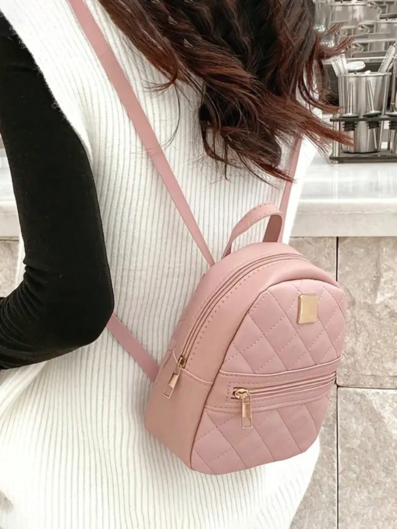 Quilted Classic Backpack Baby Pink Metal Decor Adjustable Strap for Daily