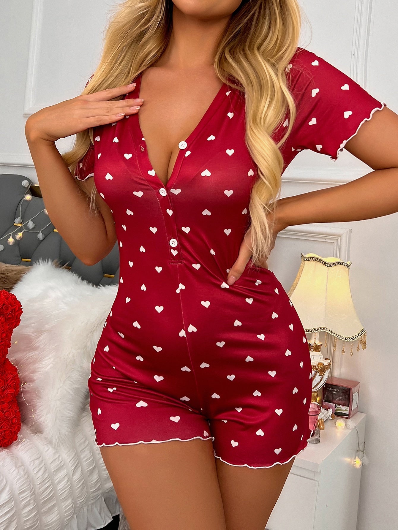 Heart Print Lettuce Trim Romper