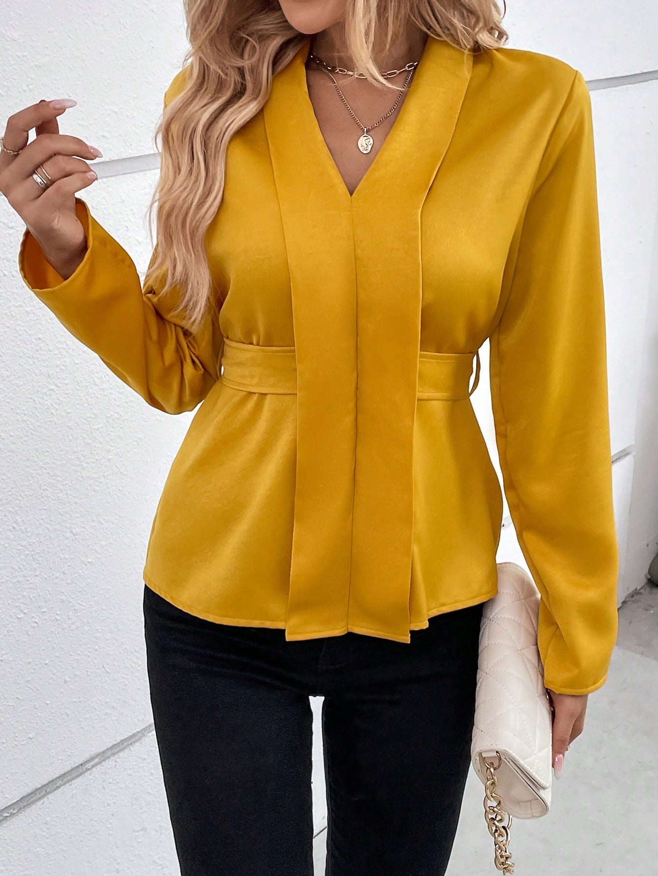 SHEIN LUNE Solid V Neck Blouse