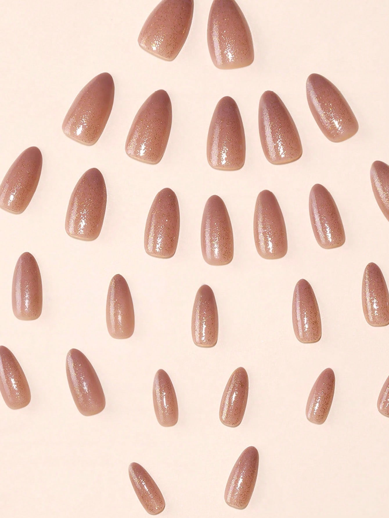 30Pcs Long Pointed Sweet Style Nude Tone Sparkly Glitter Powder False Nail Tips with 1Pc Nail Buffer and 1Pc Clear Jelly Gel