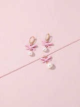 3Pcs/Set Girls' Pearl Necklace with Bowknot Pendant, 1 Pair of Earrings and 2Pcs Sweet Daily Accessories