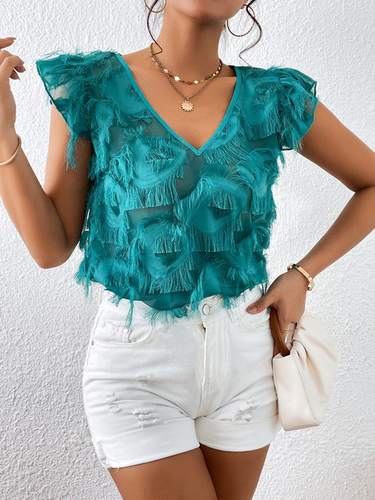 SHEIN Privé Solid Ruffle Trim Fuzzy Blouse