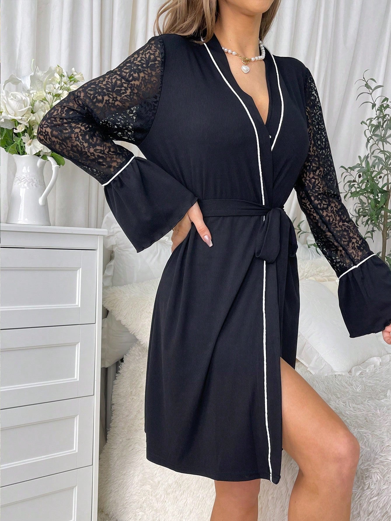 Contrast Lace Flounce Sleeve Belted Robe