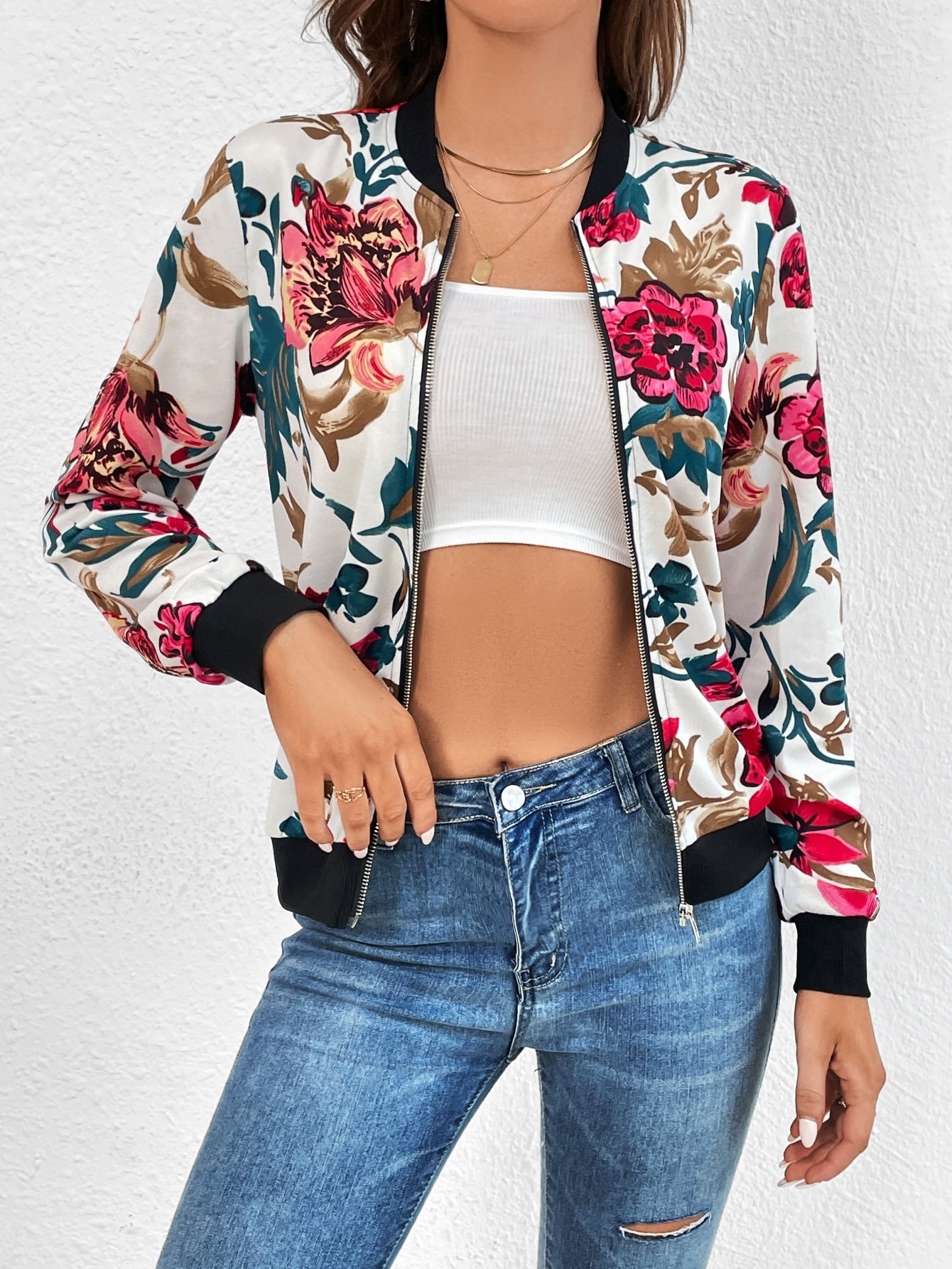 SHEIN Tall Floral Print Zip up Bomber Jacket