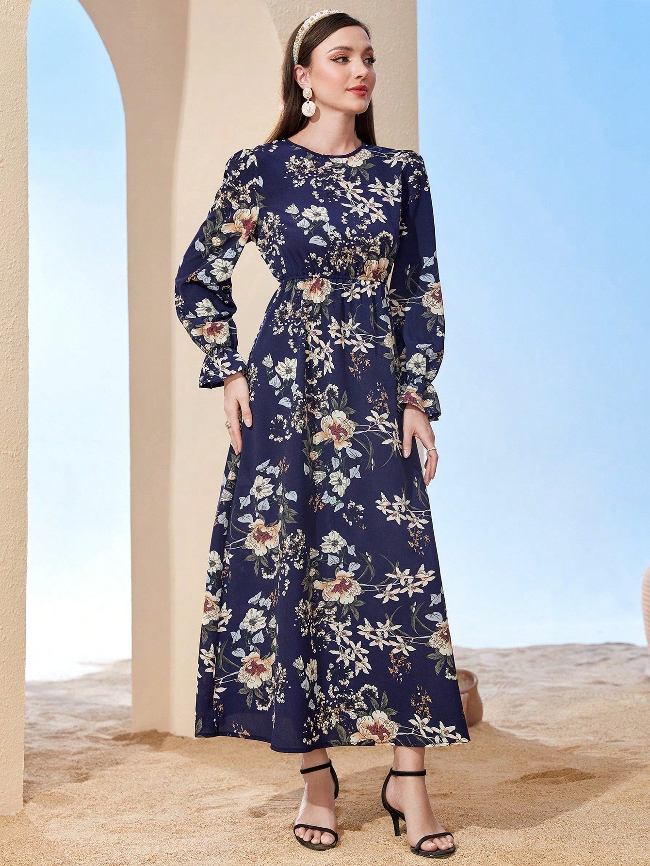 SHEIN Mulvari Floral Print Flare Sleeve Dress