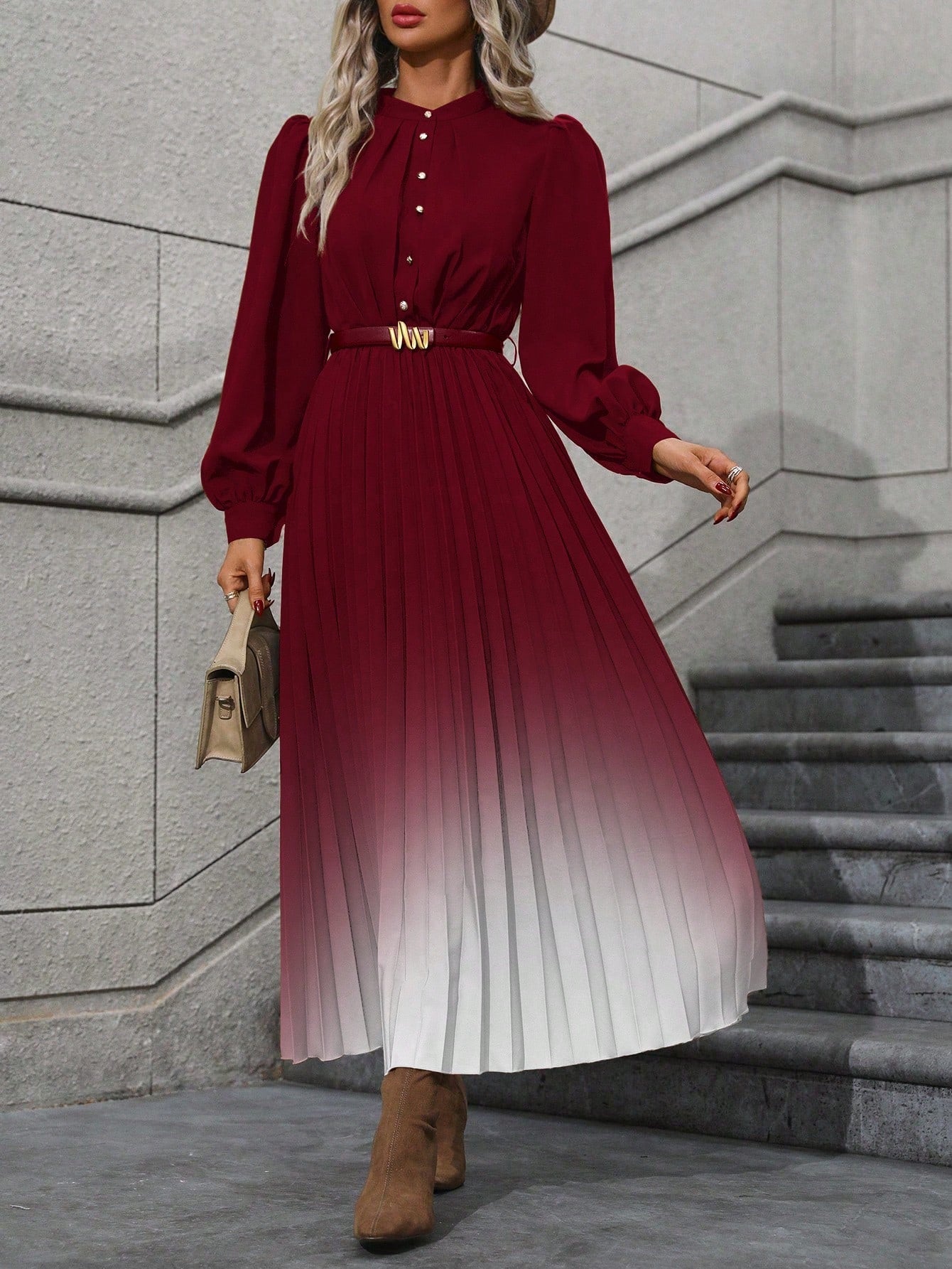 Gradient Color Pleated Lantern Sleeve Dress