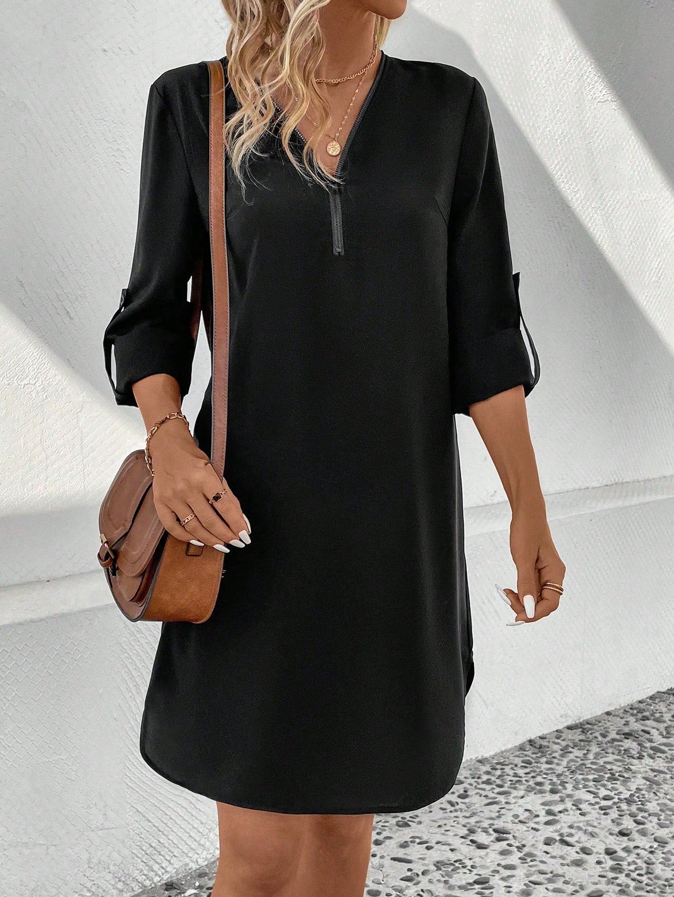 SHEIN Frenchy Solid Color Curled Sleeve Dress