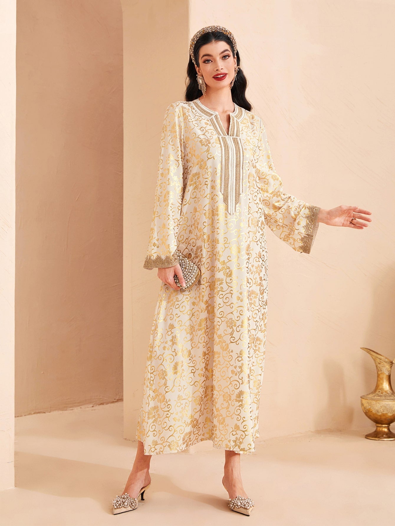 SHEIN Najma Allover Print Notched Neckline Contrast Tape Detail Dress