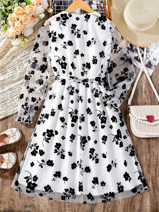SHEIN Teen Girls Floral Print Flounce Sleeve Mesh Overlap Collar Dress