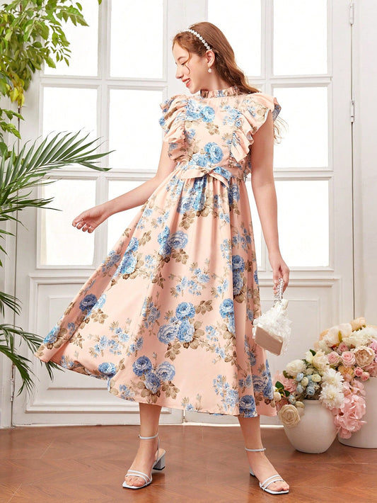 SHEIN Teen Girls' Floral Print Ruffle Hem Vacation Dress