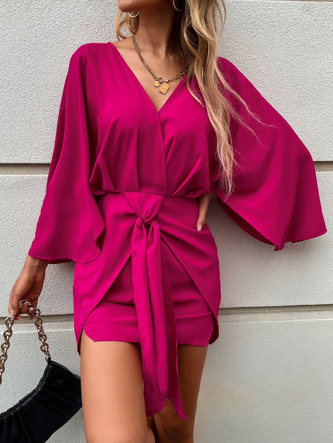 Knot Front Flounce Sleeve Dress