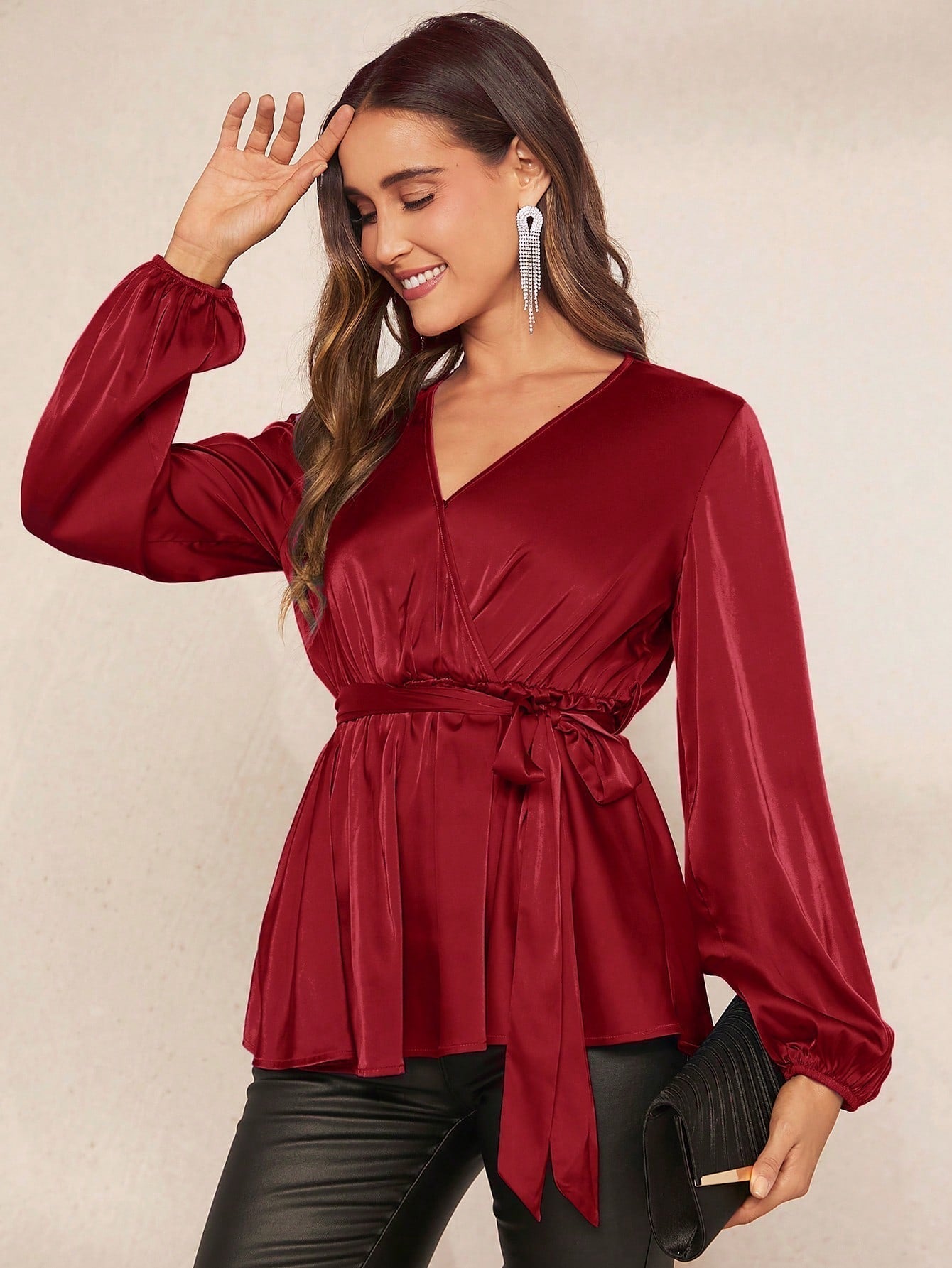 SHEIN Clasi Lantern Sleeve Belted Satin Peplum Top
