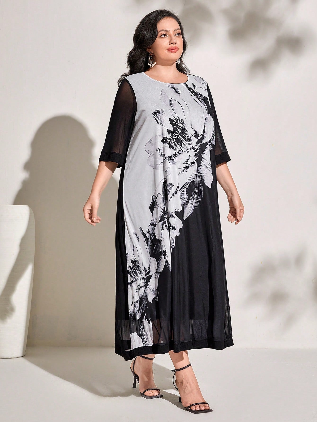 SHEIN Najma plus Floral Print Contrast Mesh Dress