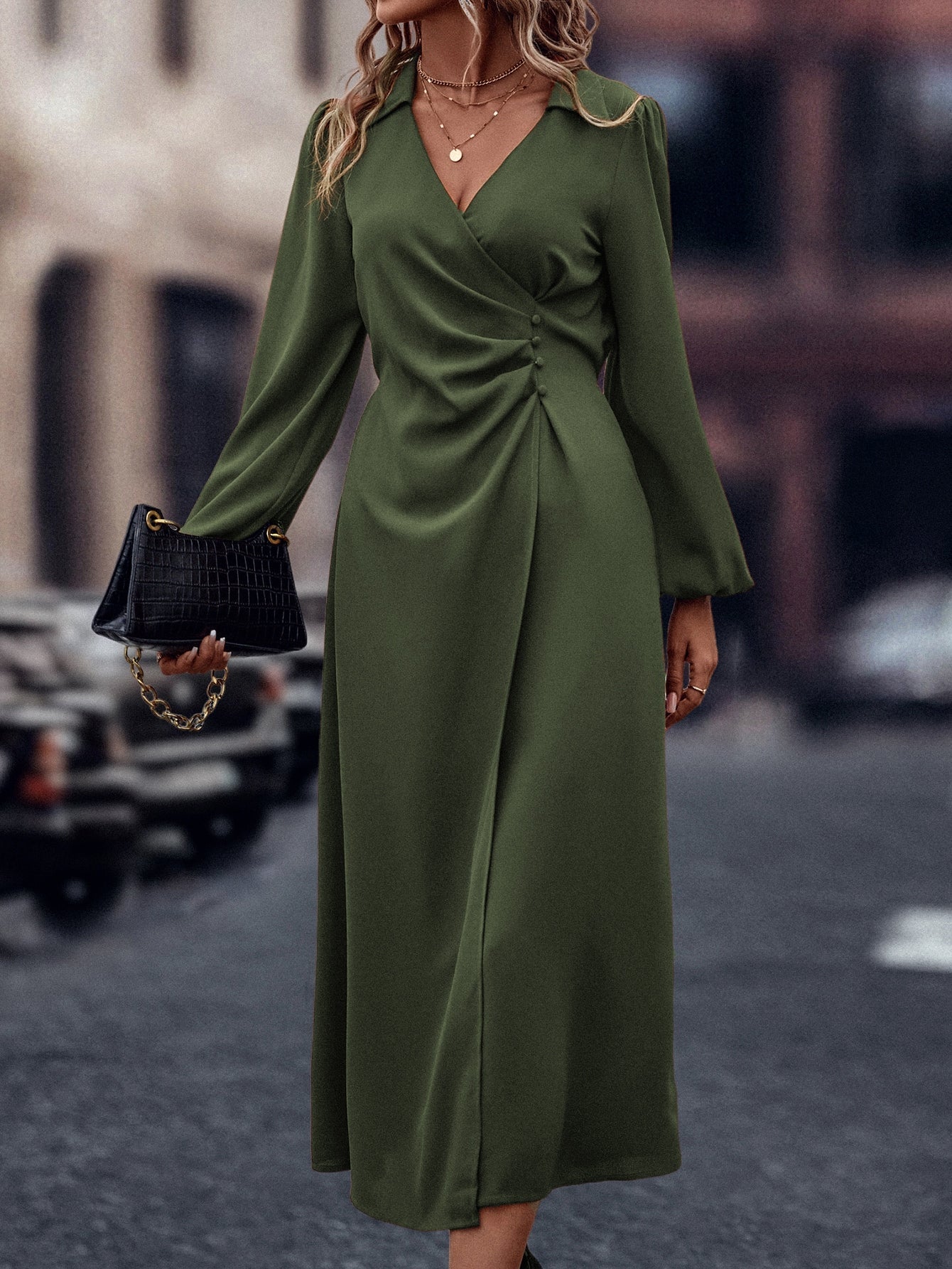 SHEIN LUNE Solid Ruched Bishop Sleeve Dress
