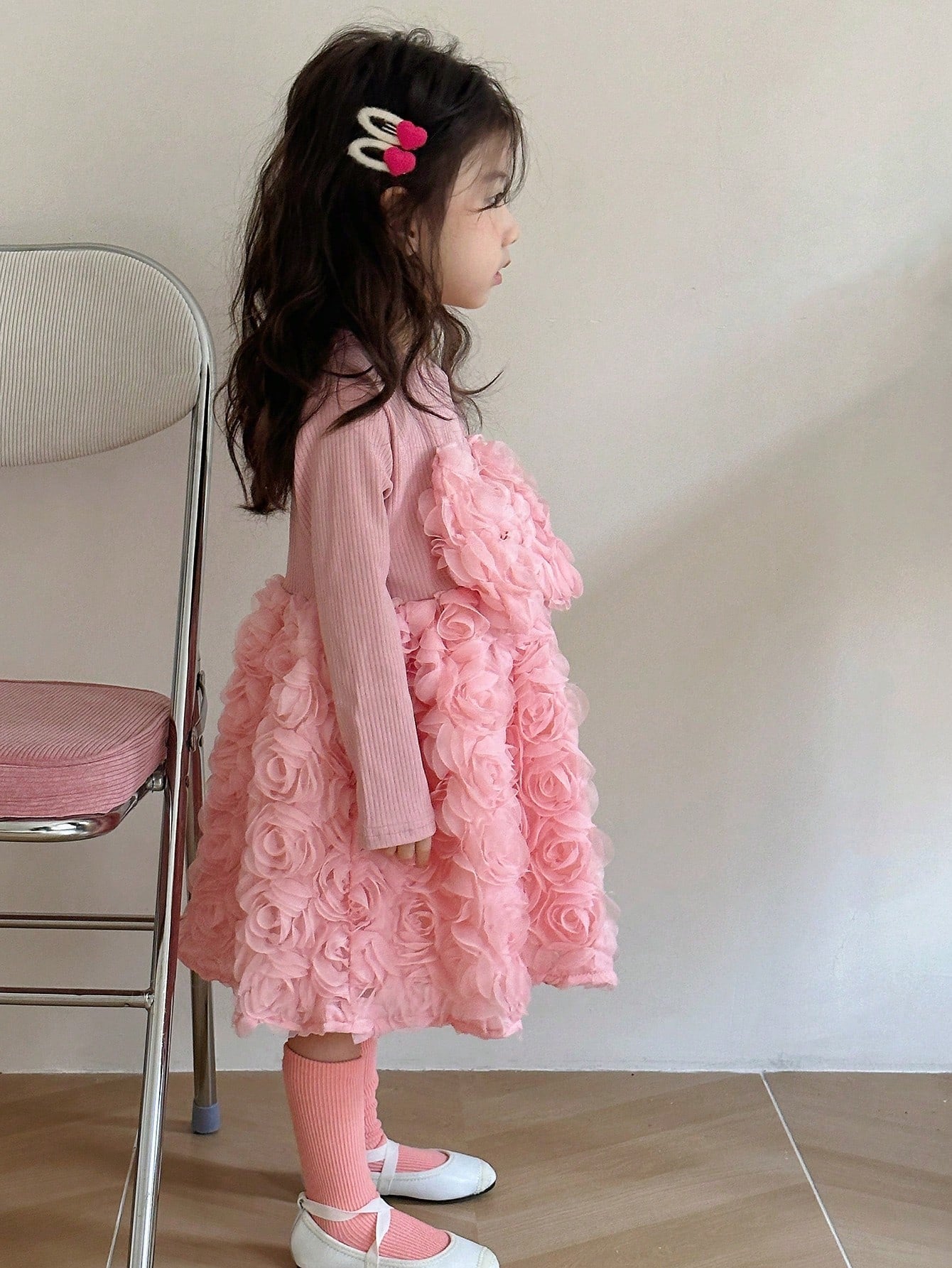 Young Girl'S Long Sleeve Dress with 3D Flower Detail