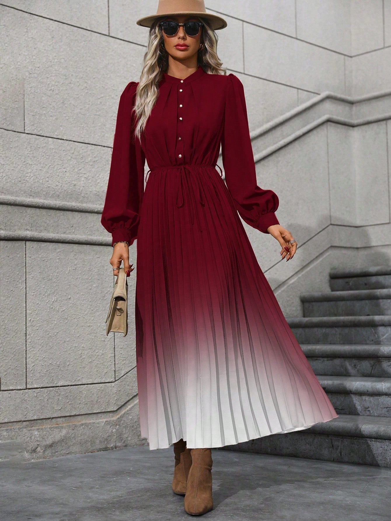 Gradient Color Pleated Lantern Sleeve Dress