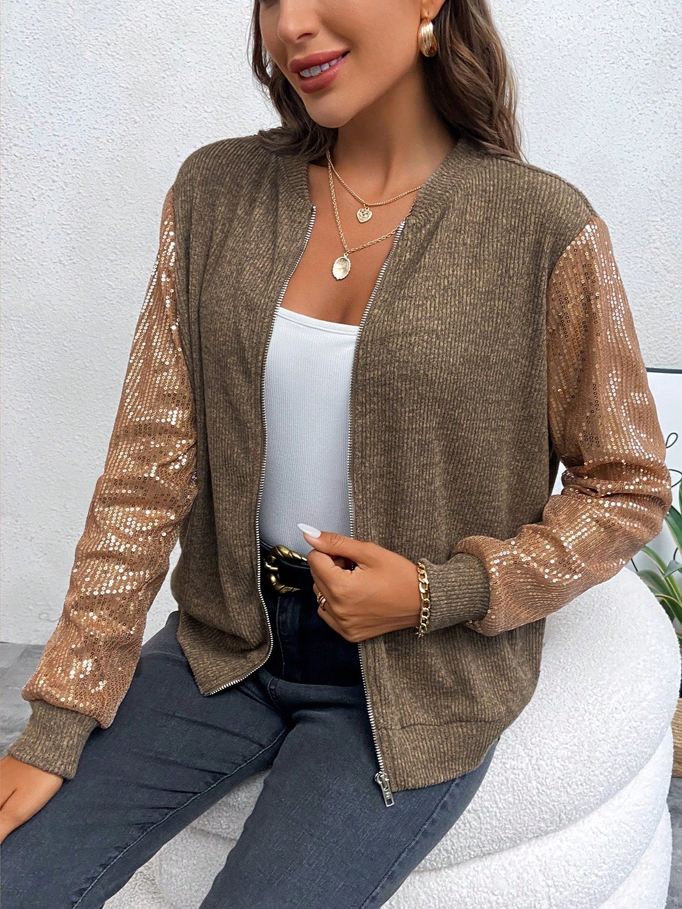 SHEIN LUNE Contrast Sequin Zip up Bomber Jacket