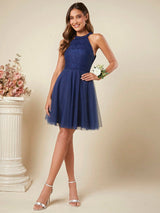 SHEIN Belle Contrast Lace Mesh Hem Halter Dress