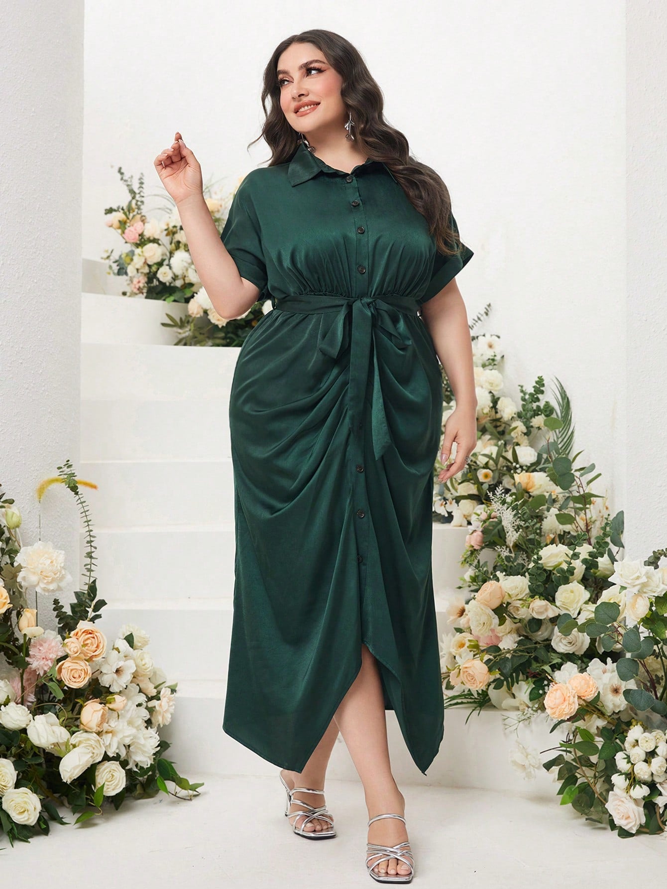 SHEIN Modely plus Batwing Sleeve Ruched Belted Shirt Dress