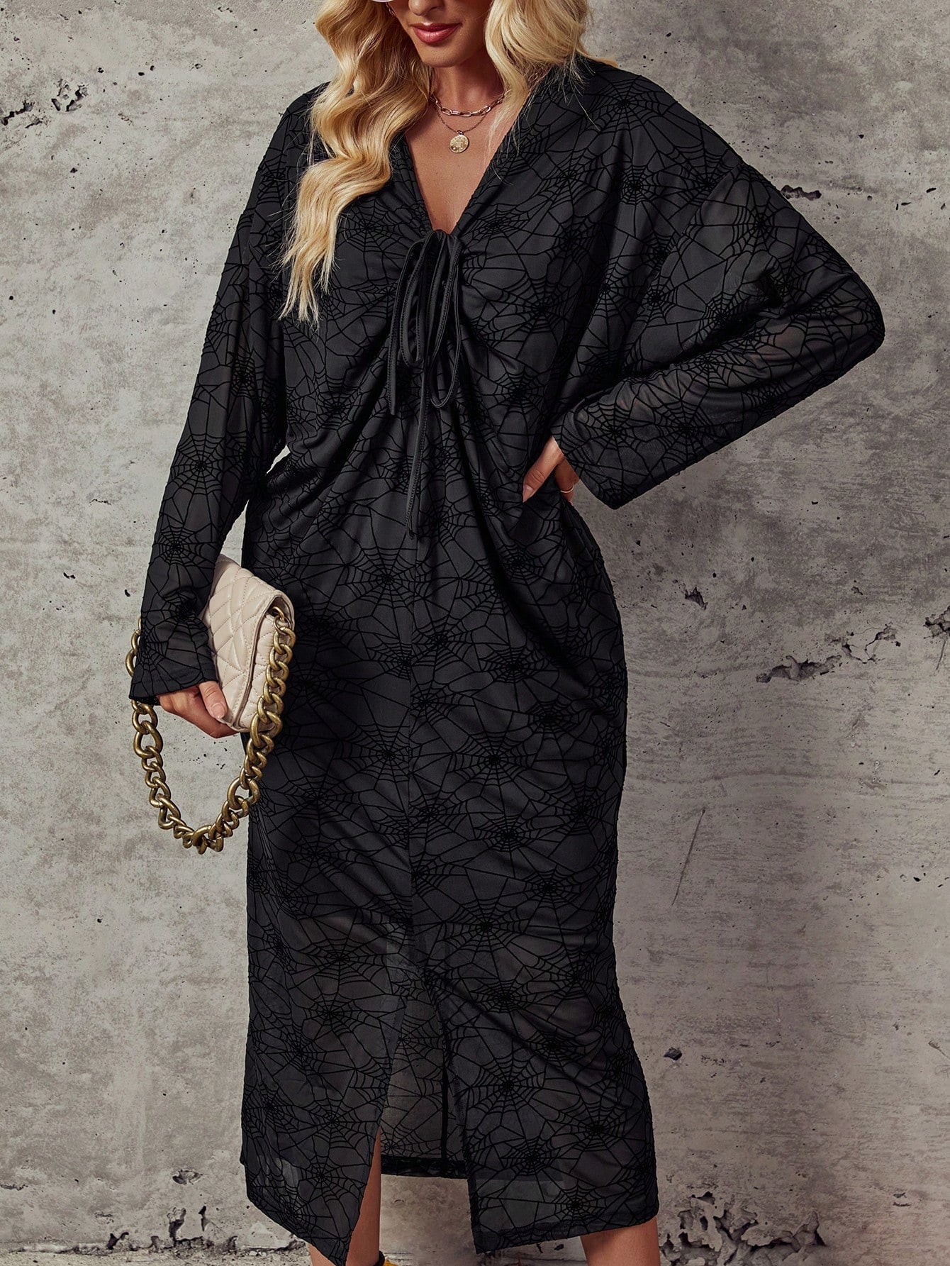 SHEIN Clasi Halloween Spider Web Jacquard Drawstring Front Batwing Sleeve Split Hem Dress