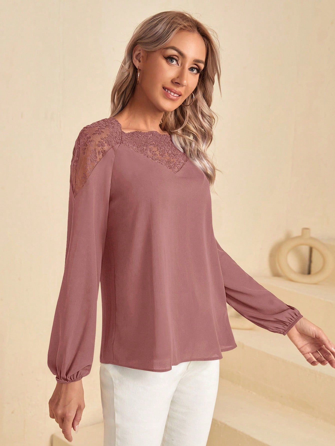 EMERY ROSE Contrast Embroidery Mesh Raglan Sleeve Blouse