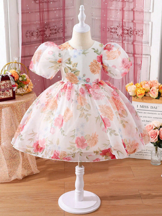 SHEIN Kids SUNSHNE Little Girl'S Fashionable and Sweet Floral Pattern Puff Short-Sleeved Dress