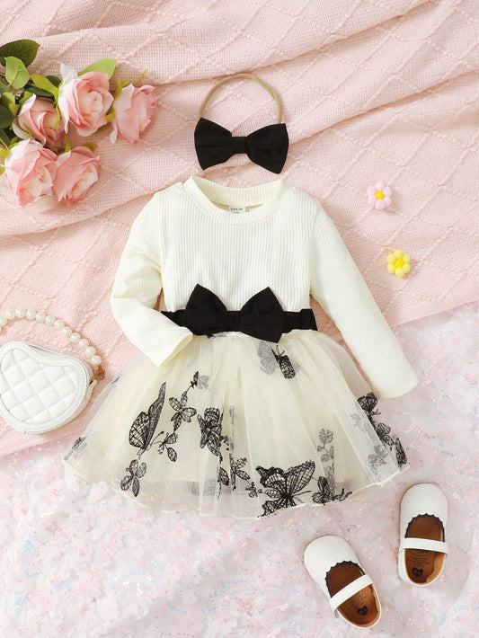 Baby Girl Butterfly Embroidery Mesh Hem Dress with Headband