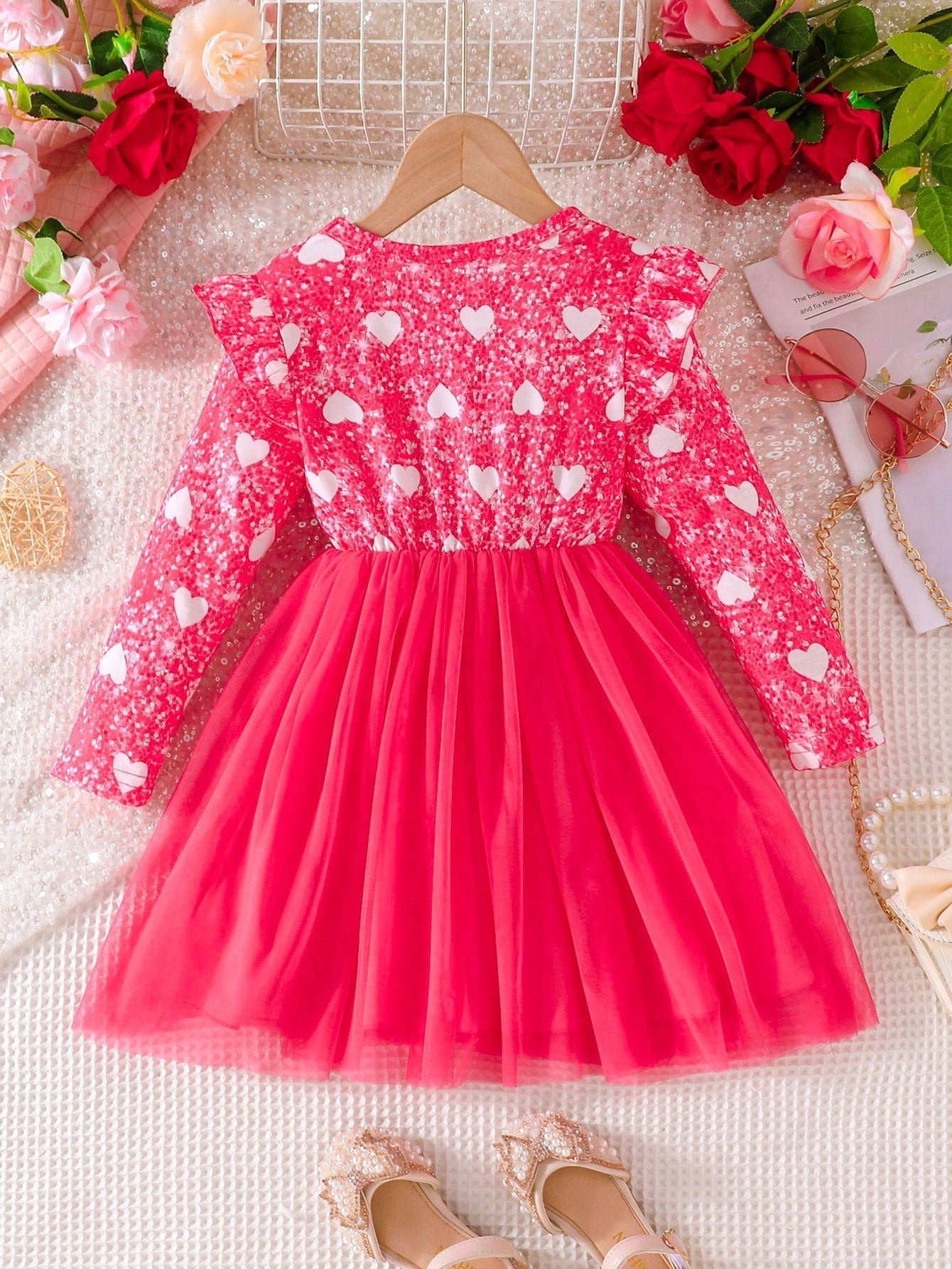 SHEIN Kids CHARMNG Little Girls' Romantic Mesh Spliced Heartheart & Letter Print Dress with Oversized Bow, Spring & Autumn