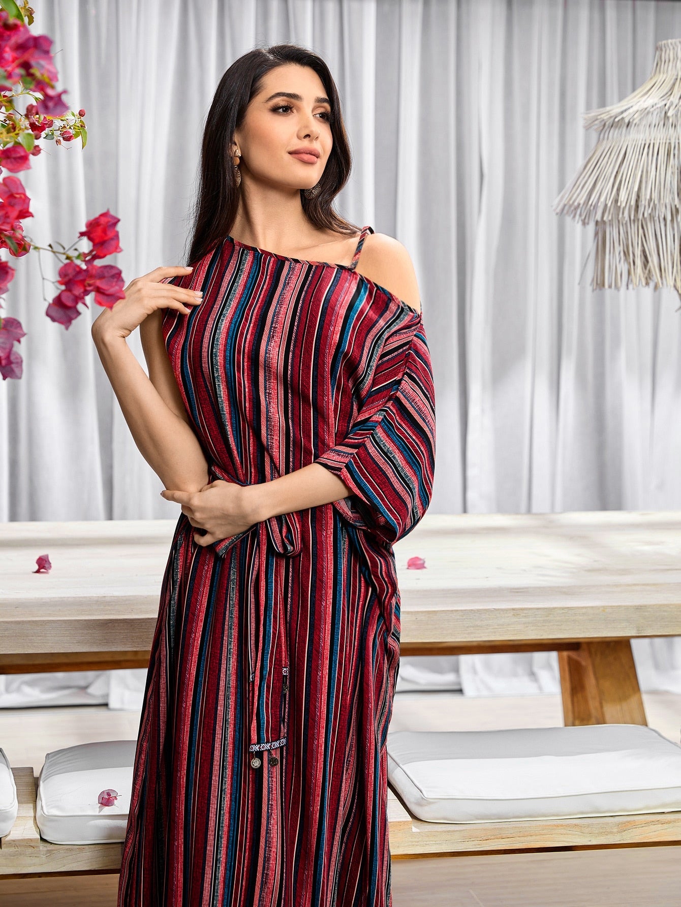 SHEIN Modely Striped Print Asymmetrical Neck Fringe Hem Belted Dress