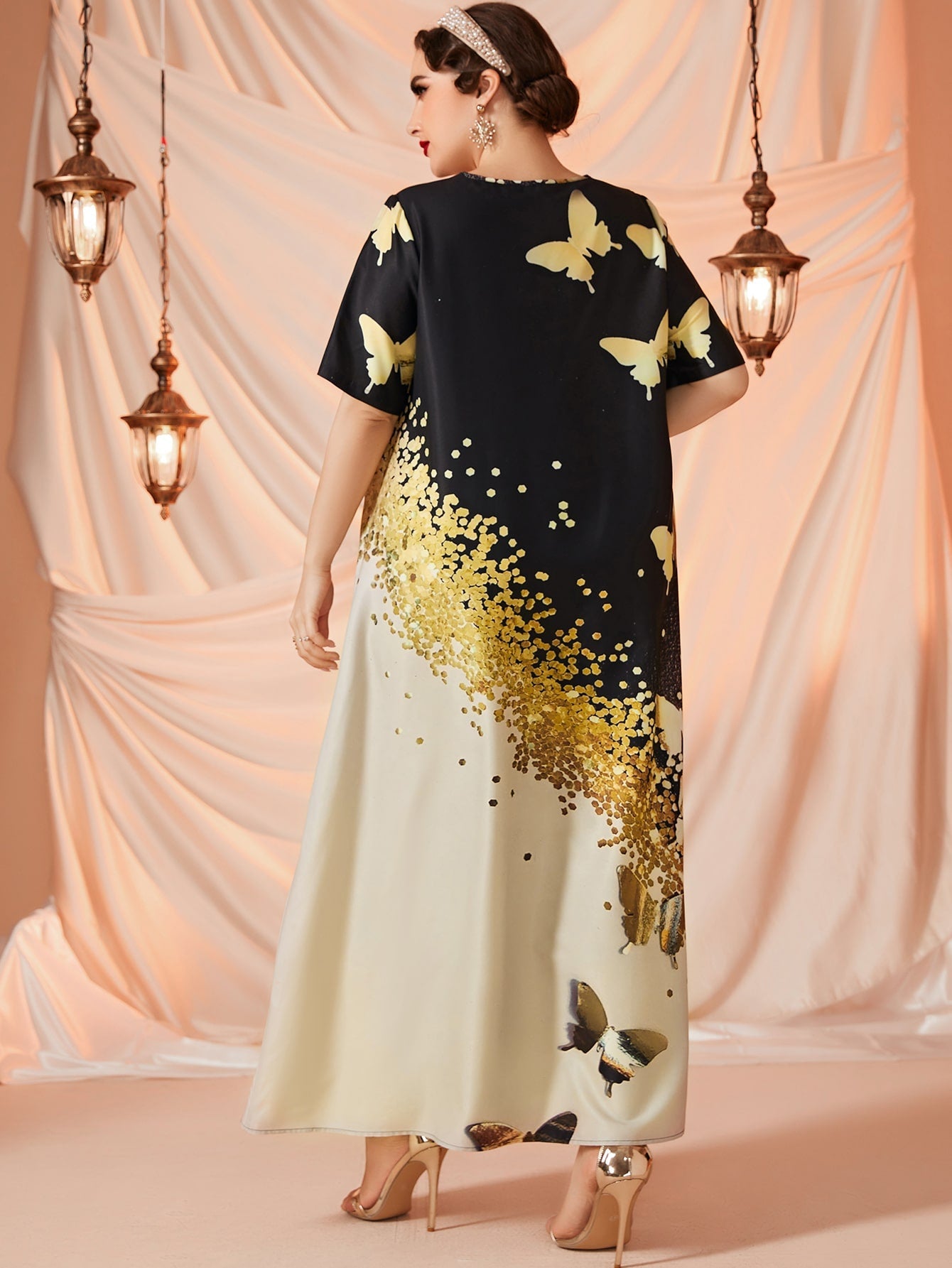 SHEIN Najma plus Gold Butterfly Print Maxi Tunic Dress